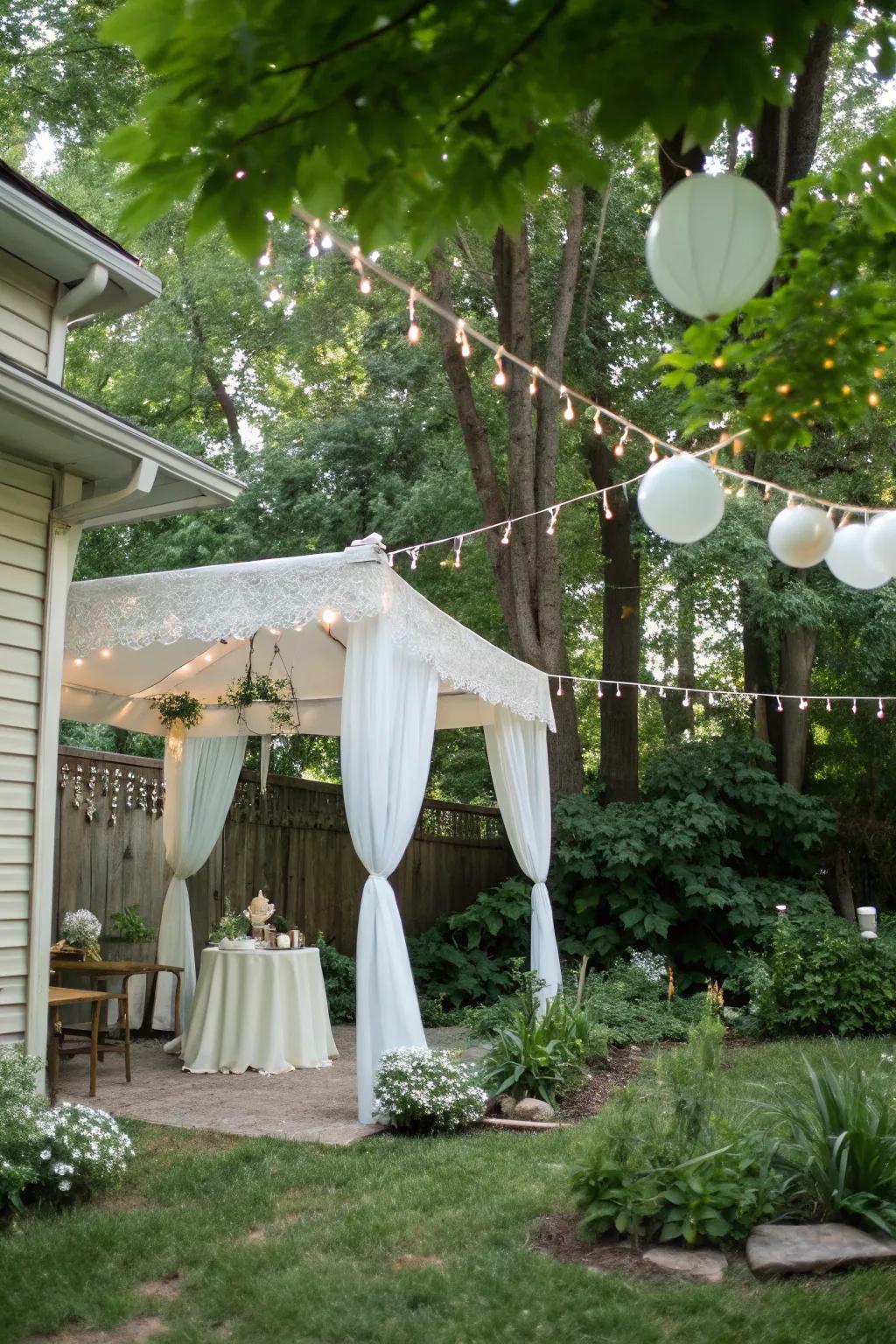 A natural and inviting backyard bridal shower setup using existing greenery.