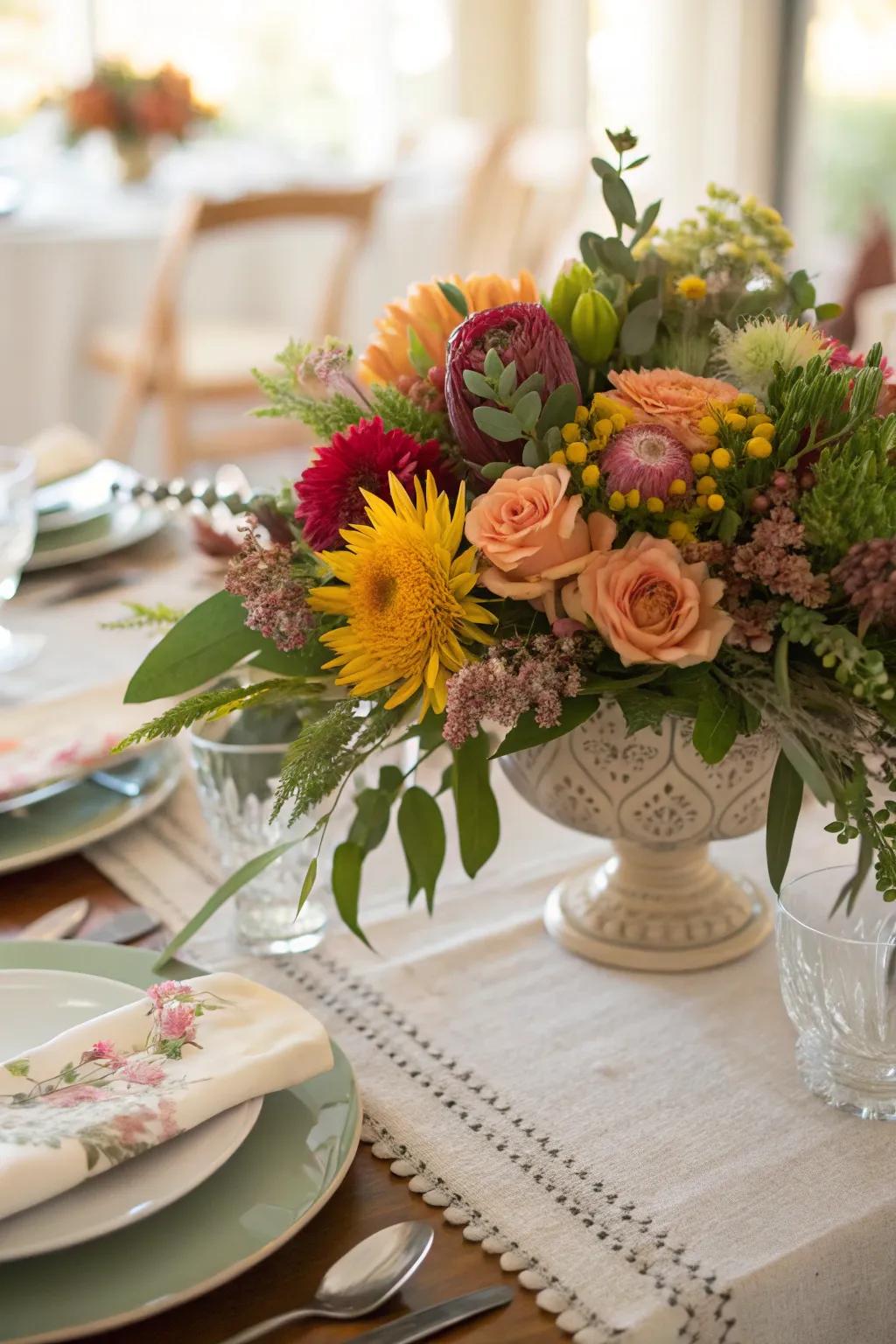 Seasonal flowers create simple yet stunning centerpieces.