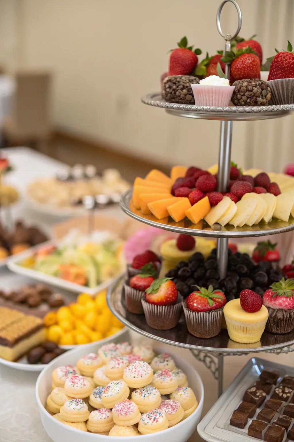 Chic tiered trays display delicious snacks and desserts elegantly.