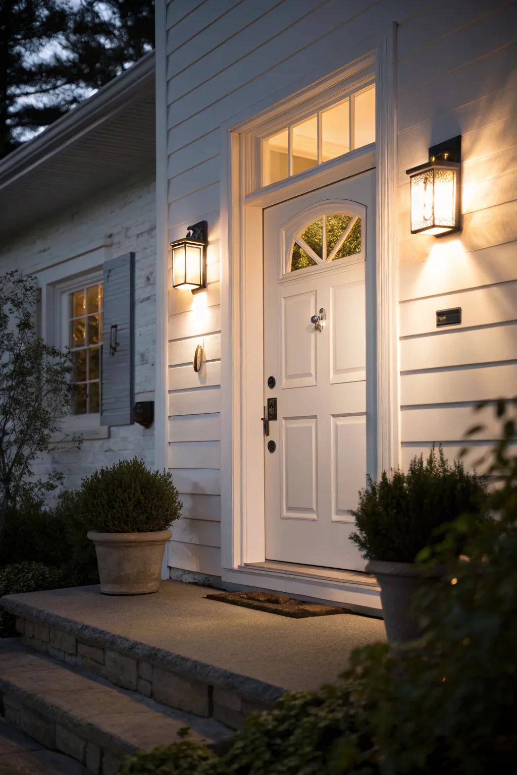 Smart lighting enhances a white door's visibility.