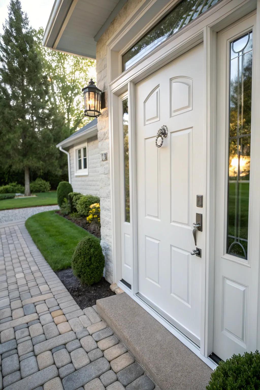 A classic white door enhanced with modern metallic hardware.