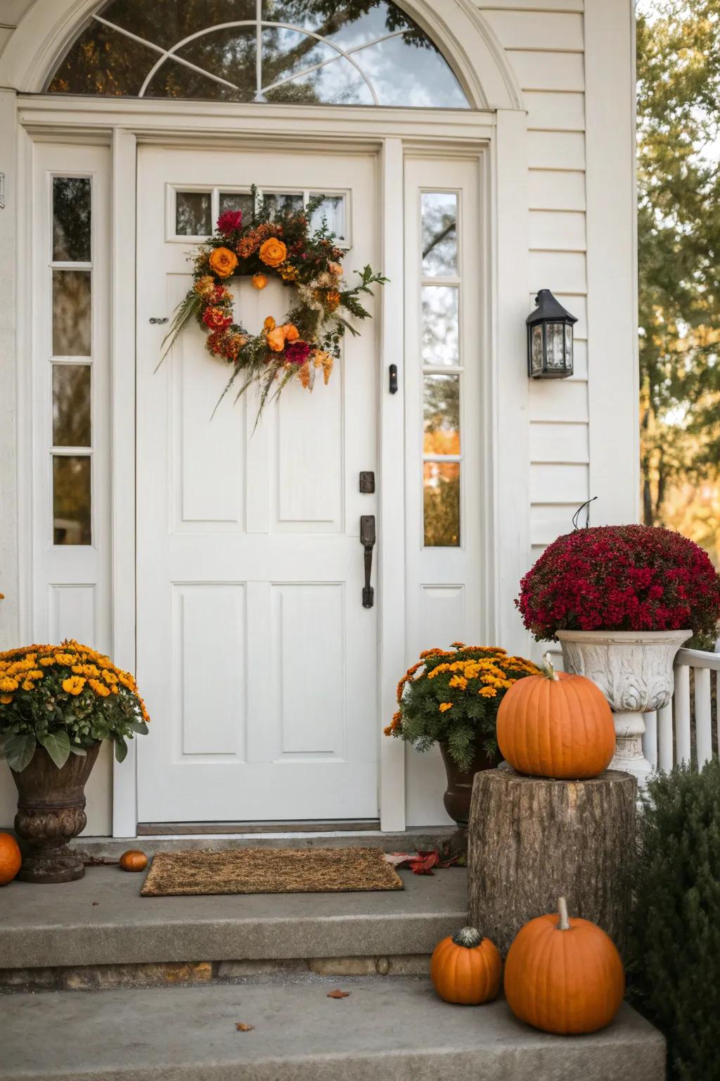 Seasonal decor keeps a white door fresh and festive.