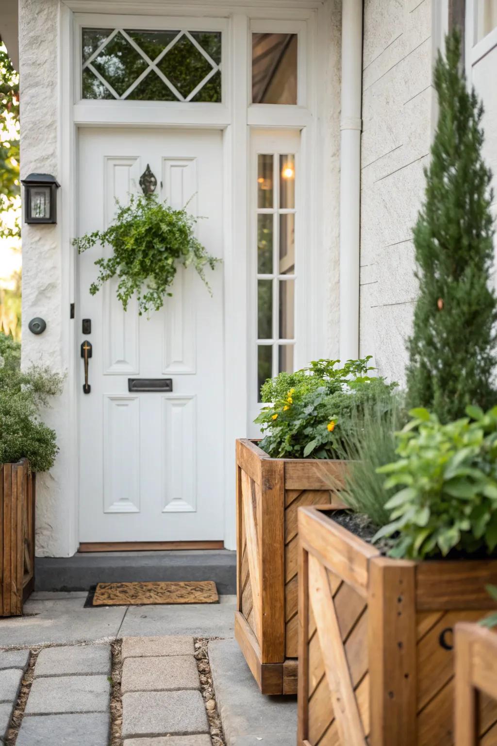 Woodgrain accents add warmth to a white door.