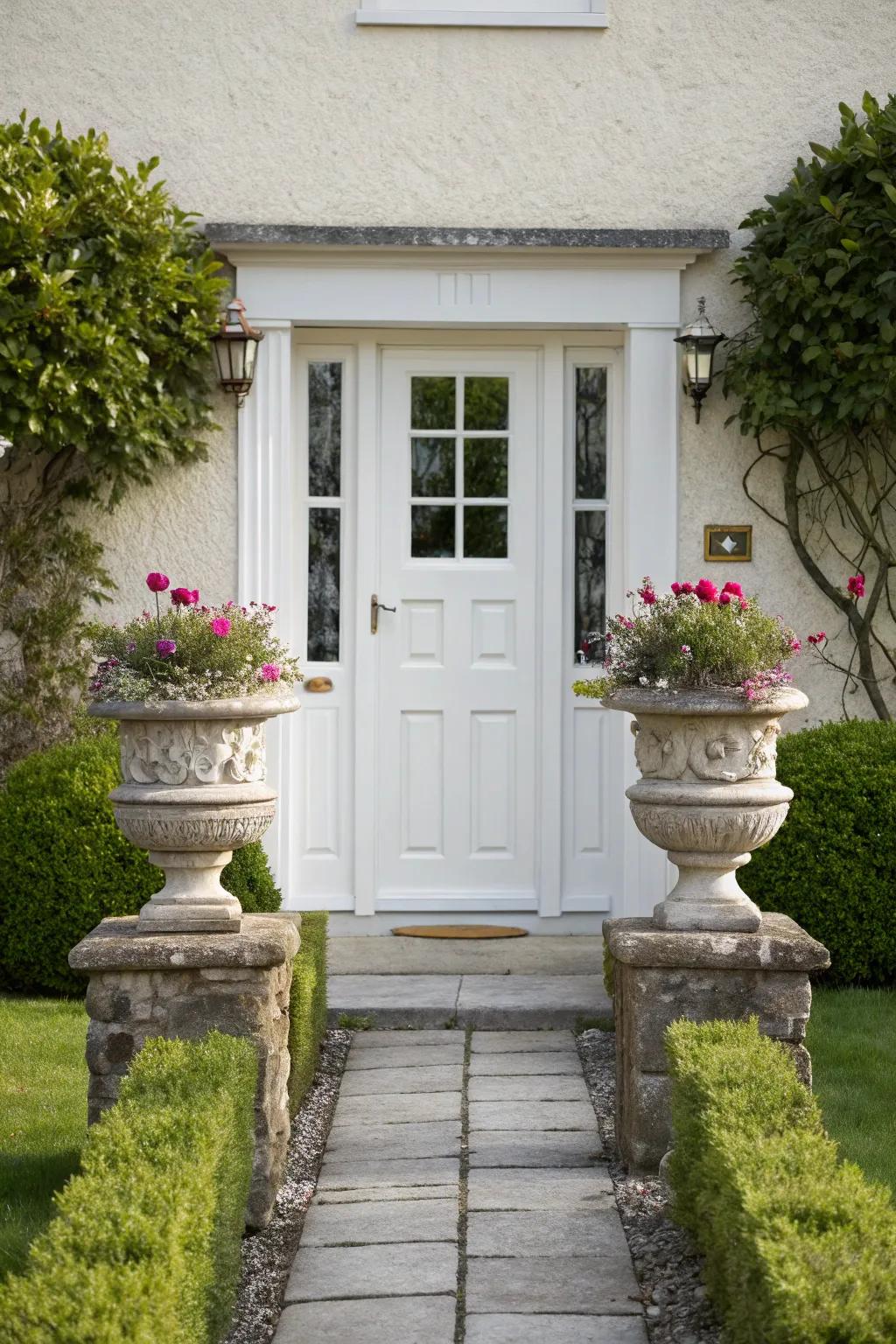 Natural elements create a serene entryway for a white door.