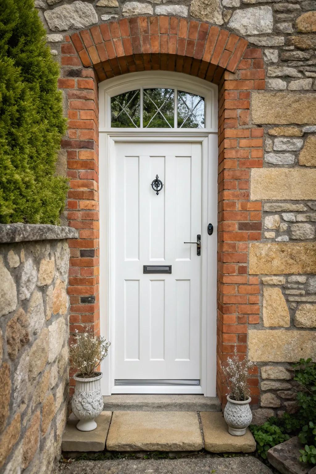 Contrasting materials enhance a white door.