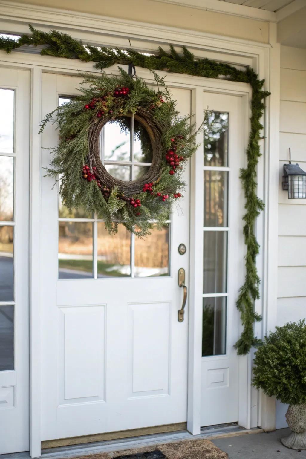 A vibrant wreath adds character to a white door.