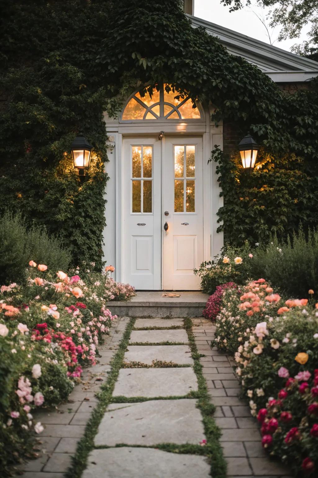 A flower-lined path leads to a white door.