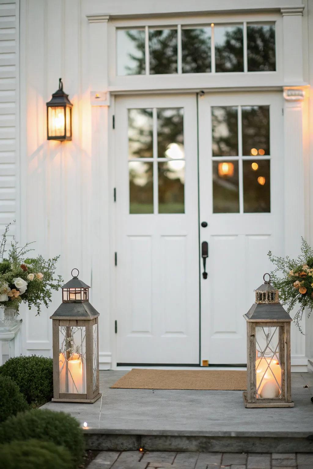 Lanterns add charm and light to a white door.