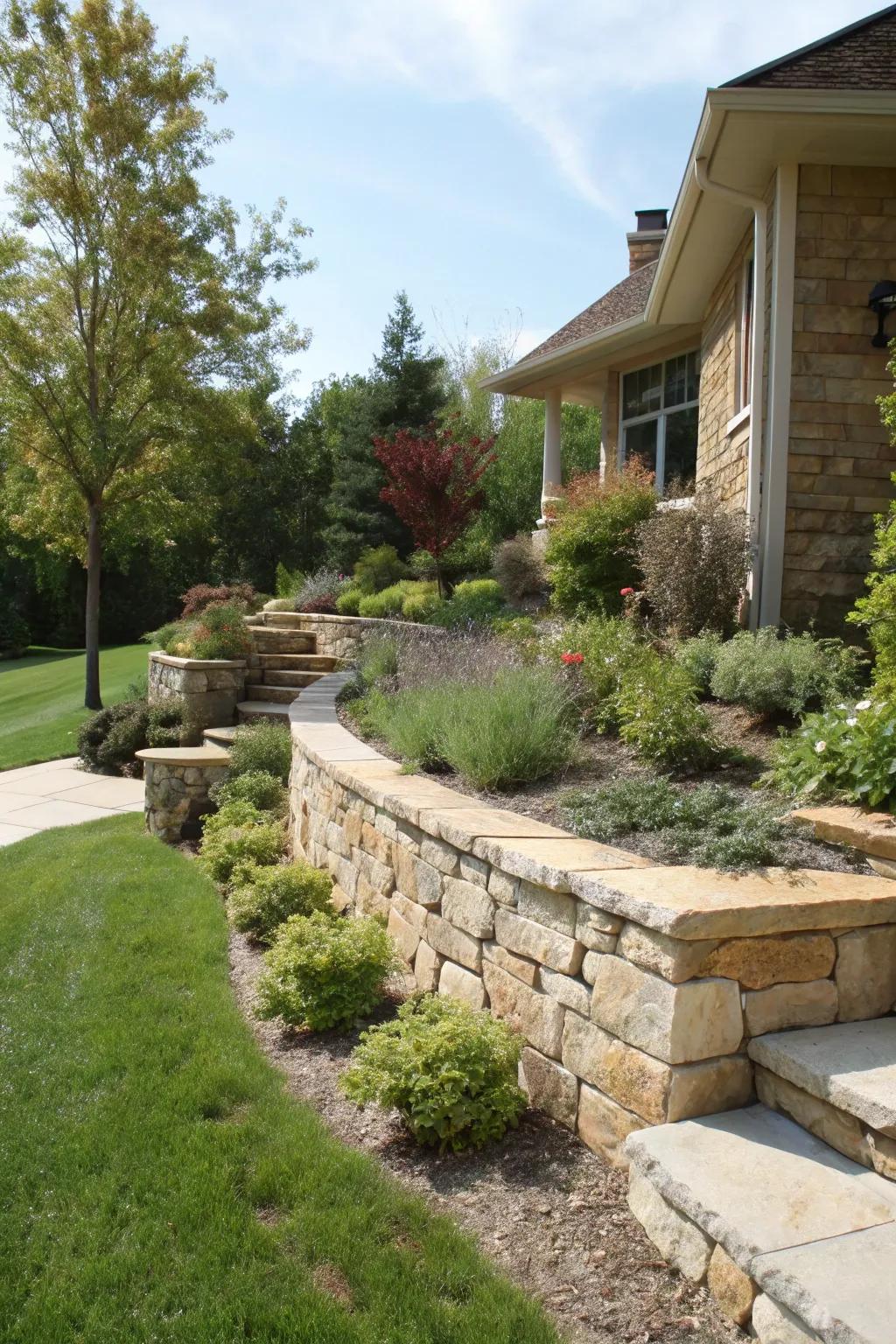 Layered stone wall adding depth to the garden.