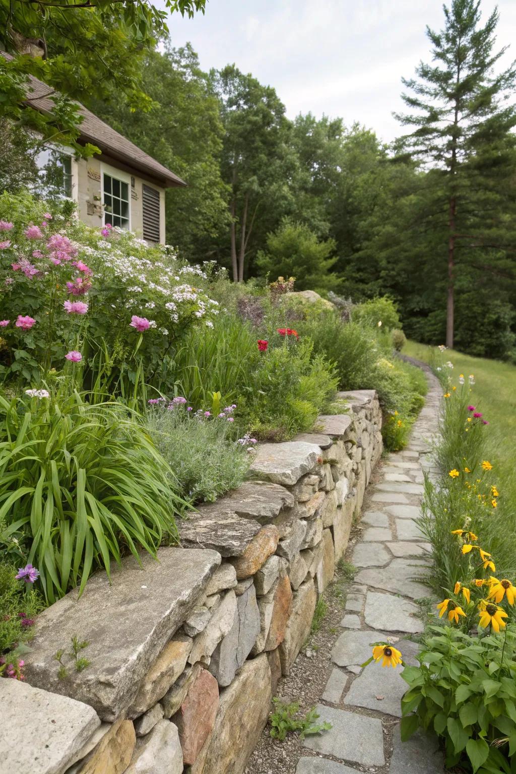 Classic natural stone arrangement with wildflowers.