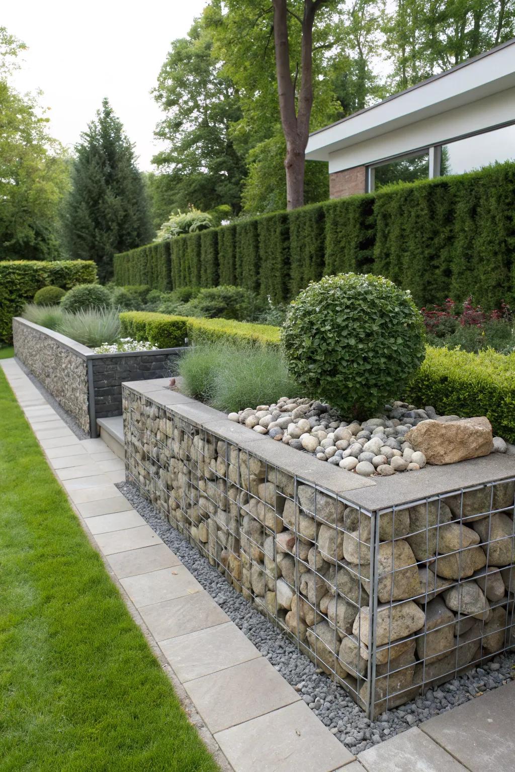 Stylish gabion baskets creating a modern stone wall.