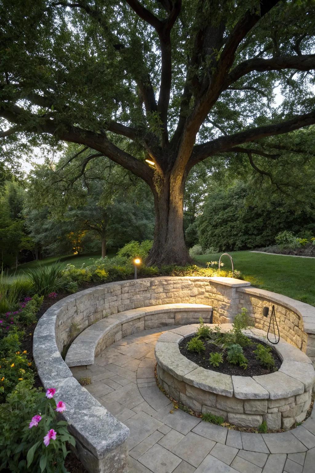Circular stone wall spotlighting a garden feature.