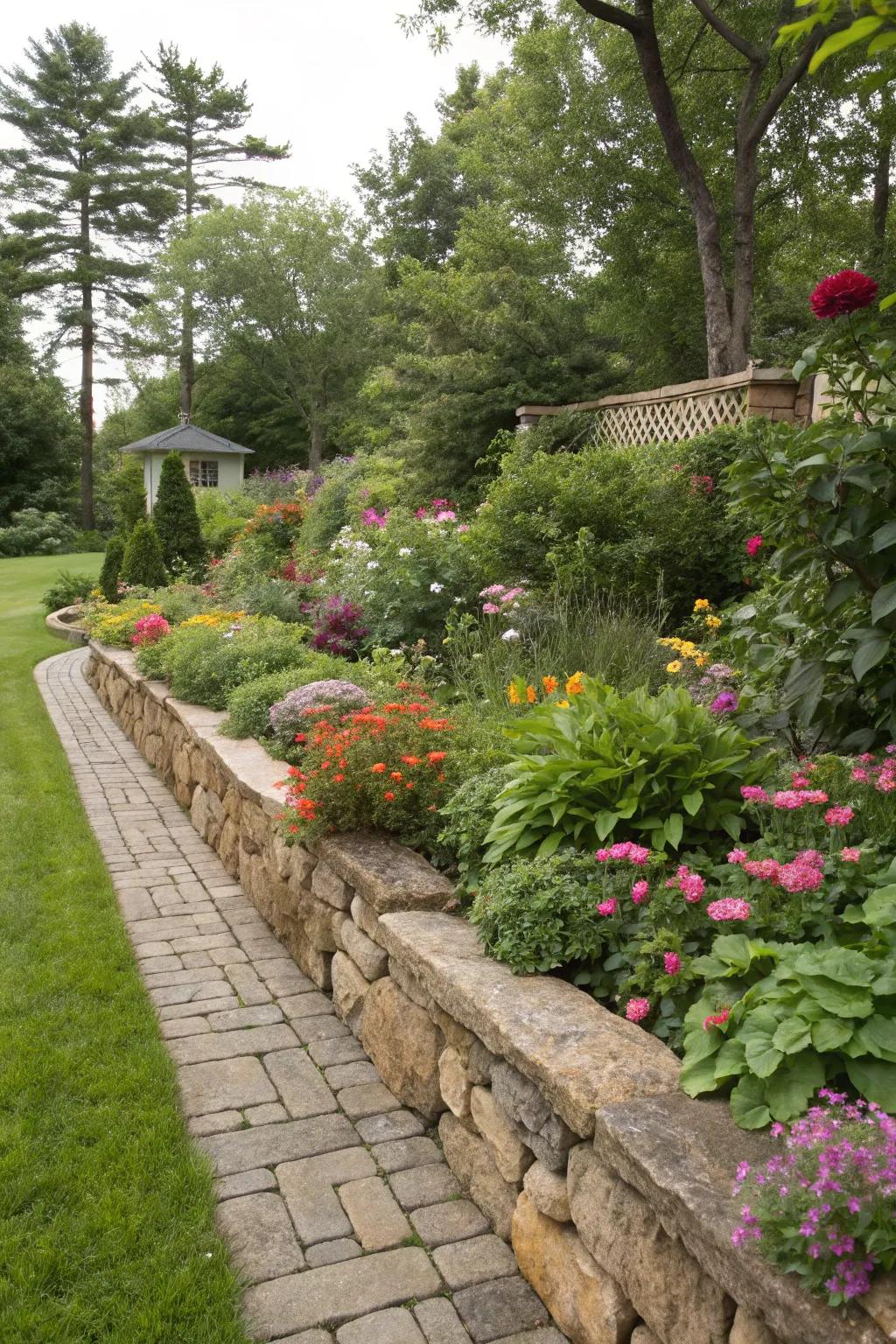 Neat garden beds edged with stone.