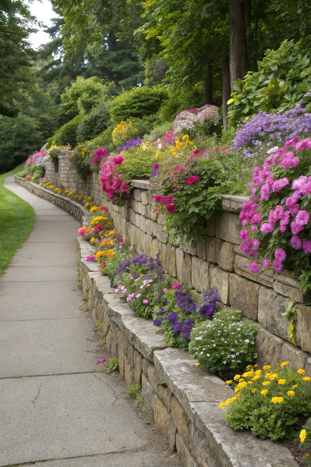 Plants cascading over a charming low stone wall.