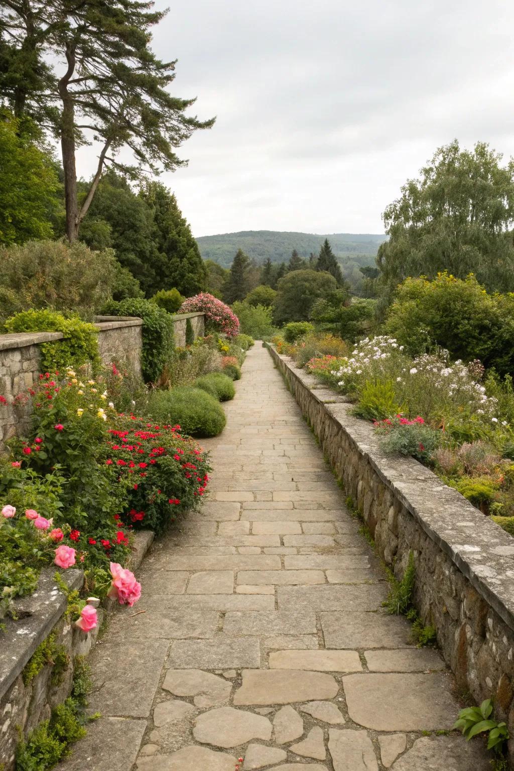 Stone walls guiding a charming garden pathway.