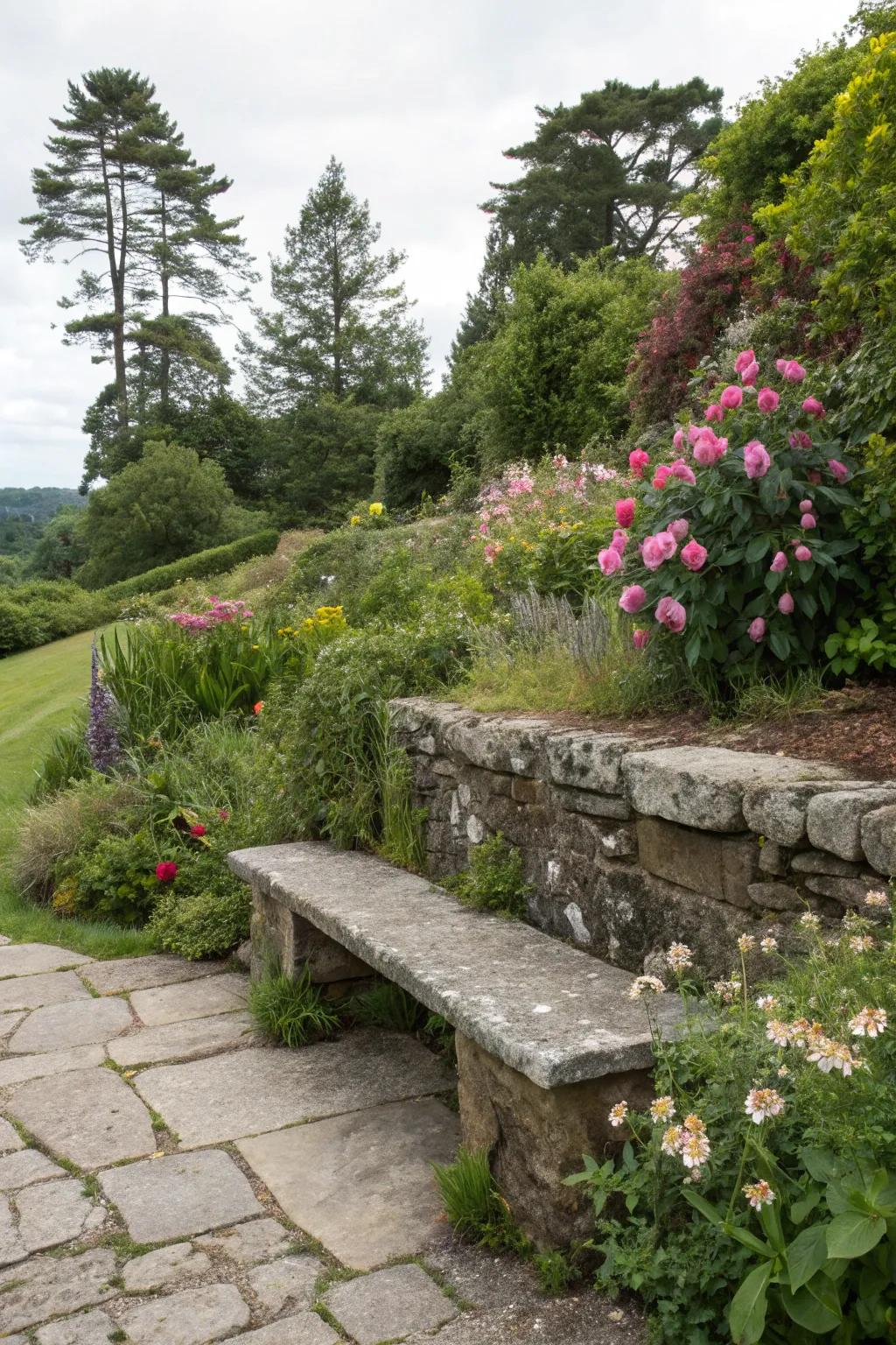 Stone wall doubling as a cozy garden seat.