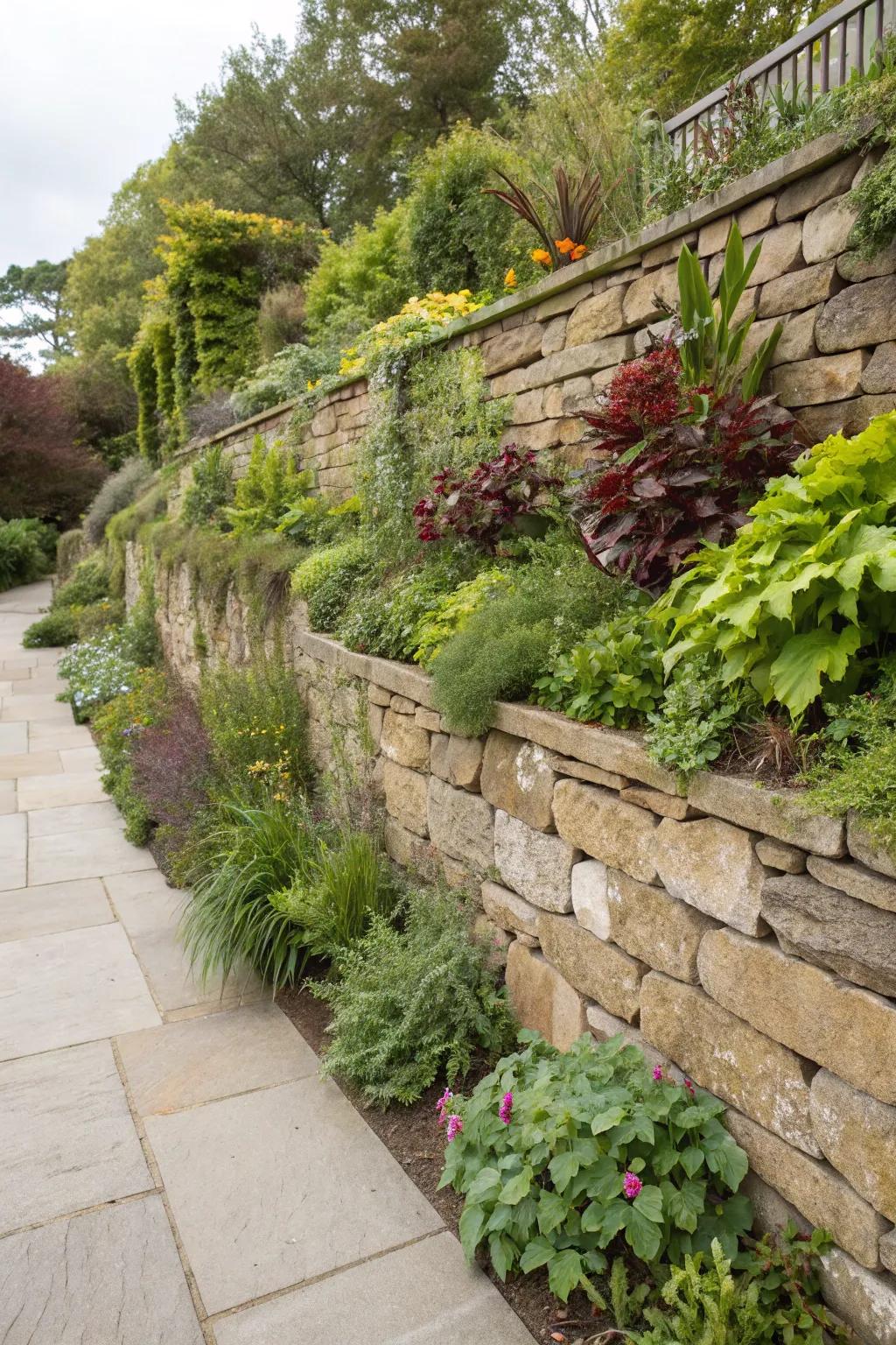 Vertical garden bringing life to a stone wall.