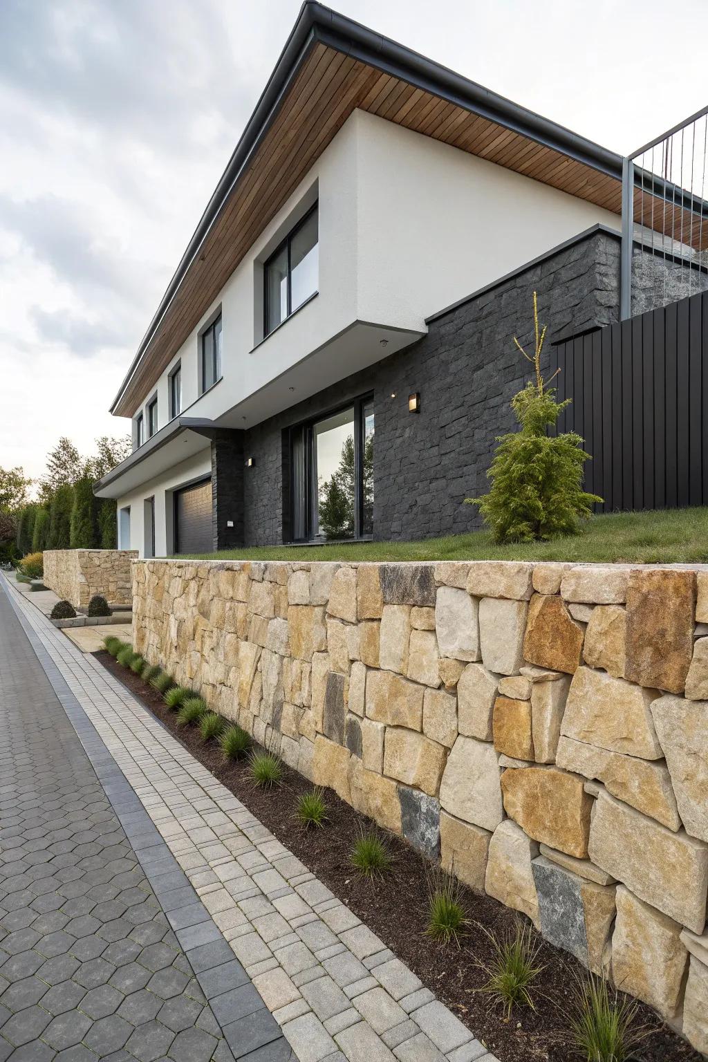 Stone wall contrasting beautifully with home design.