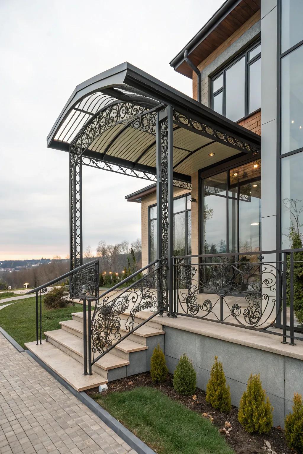 A sleek metal portico that adds an industrial charm.
