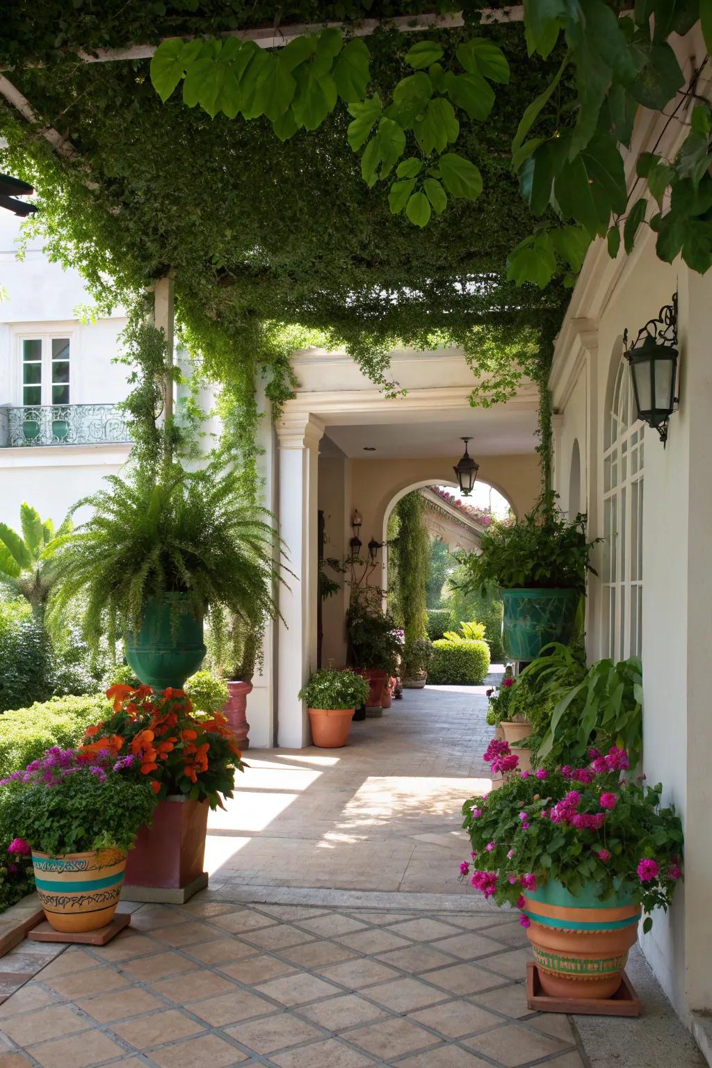A portico adorned with greenery for a lively welcome.