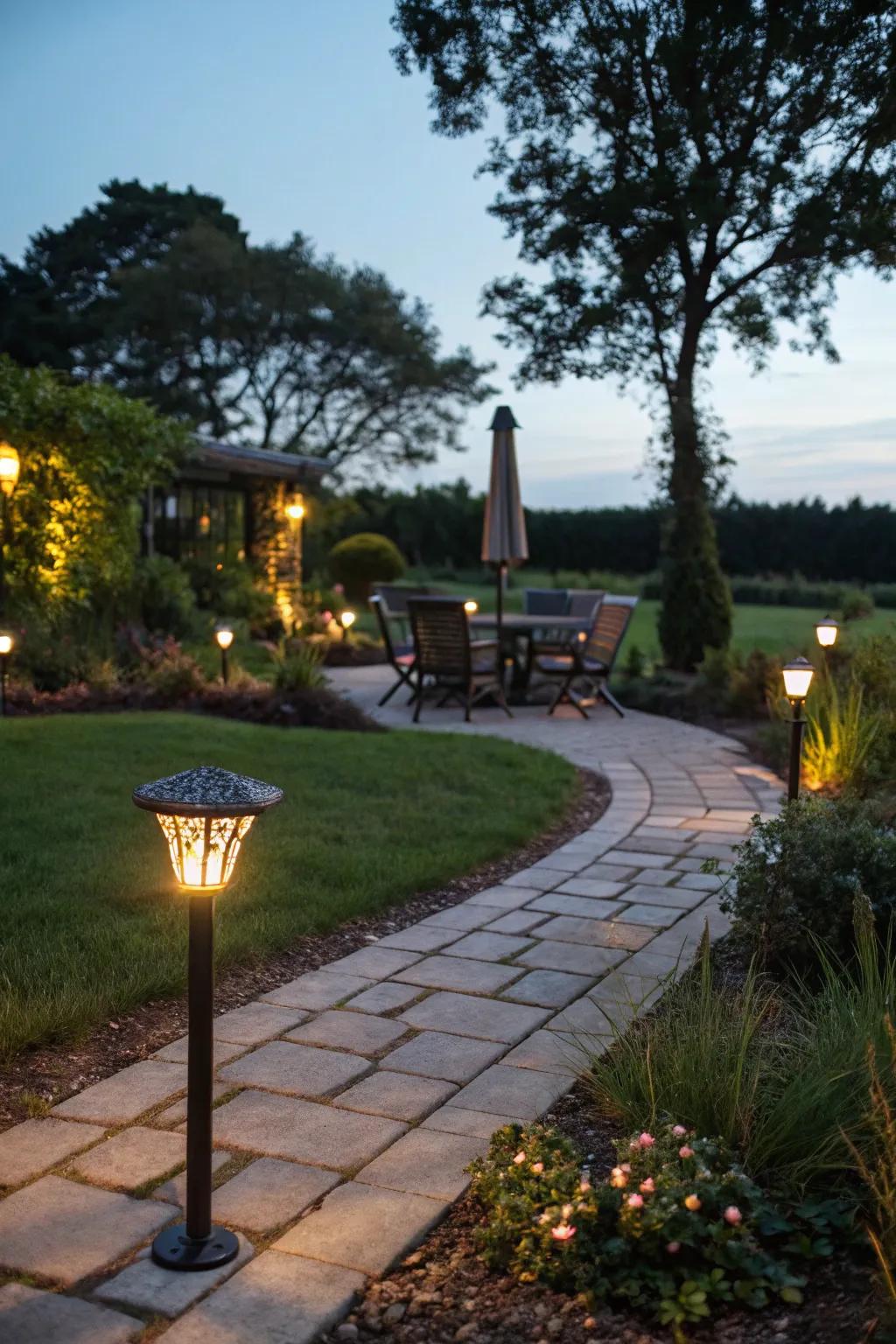 Eco-friendly solar lights creating a warm evening ambiance.