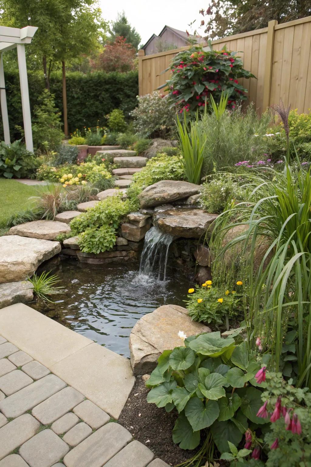 A water feature creating a peaceful and inviting atmosphere.