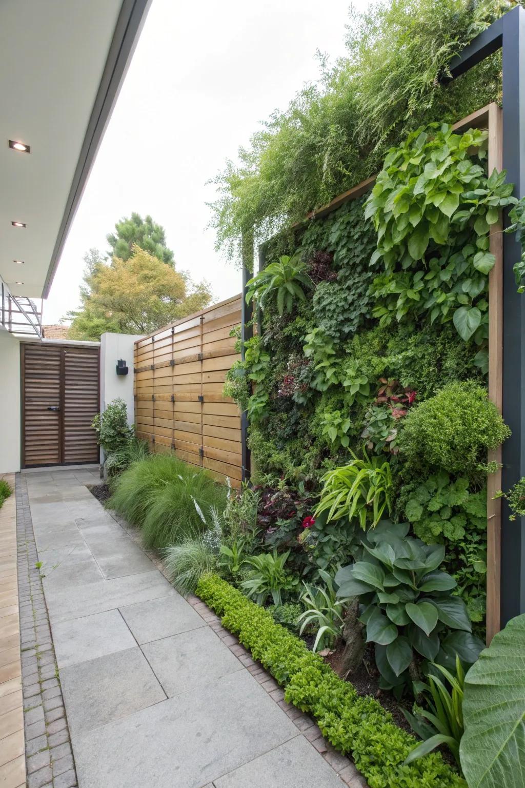 A vertical garden turning a simple wall into a vibrant feature.