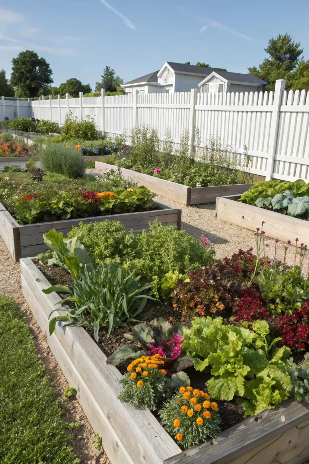 Raised beds adding structure and ease to garden planting.