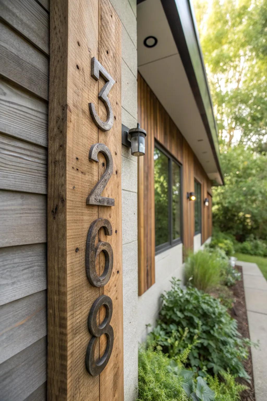 Vertical house numbers made from reclaimed materials.