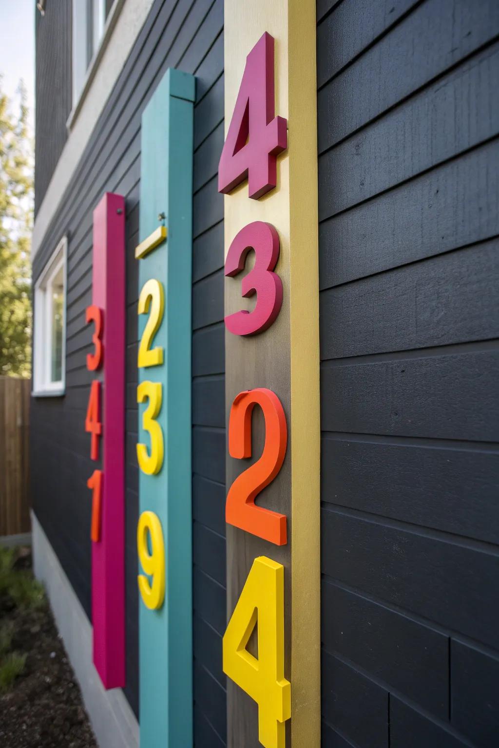 Bright-colored vertical house numbers on a dark wall.