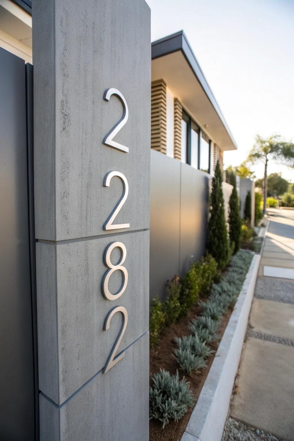 Minimalist metal vertical house numbers on a modern home.
