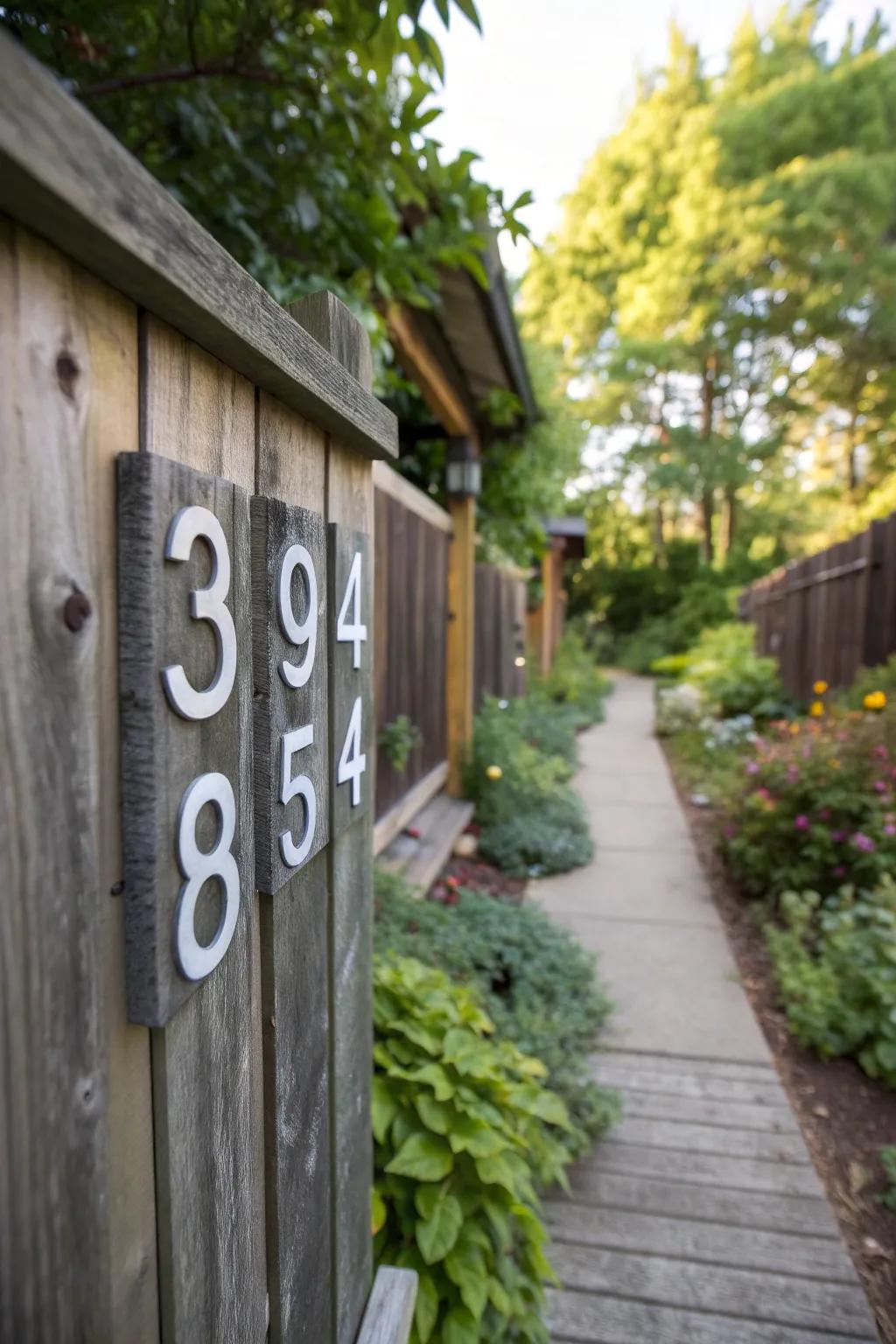 Vertical house numbers on a wooden fence.
