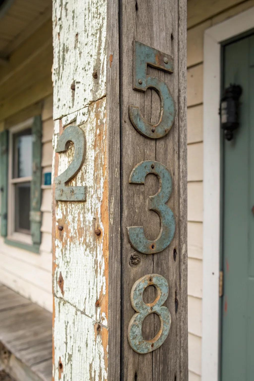 Vertical house numbers on a weathered wooden board.