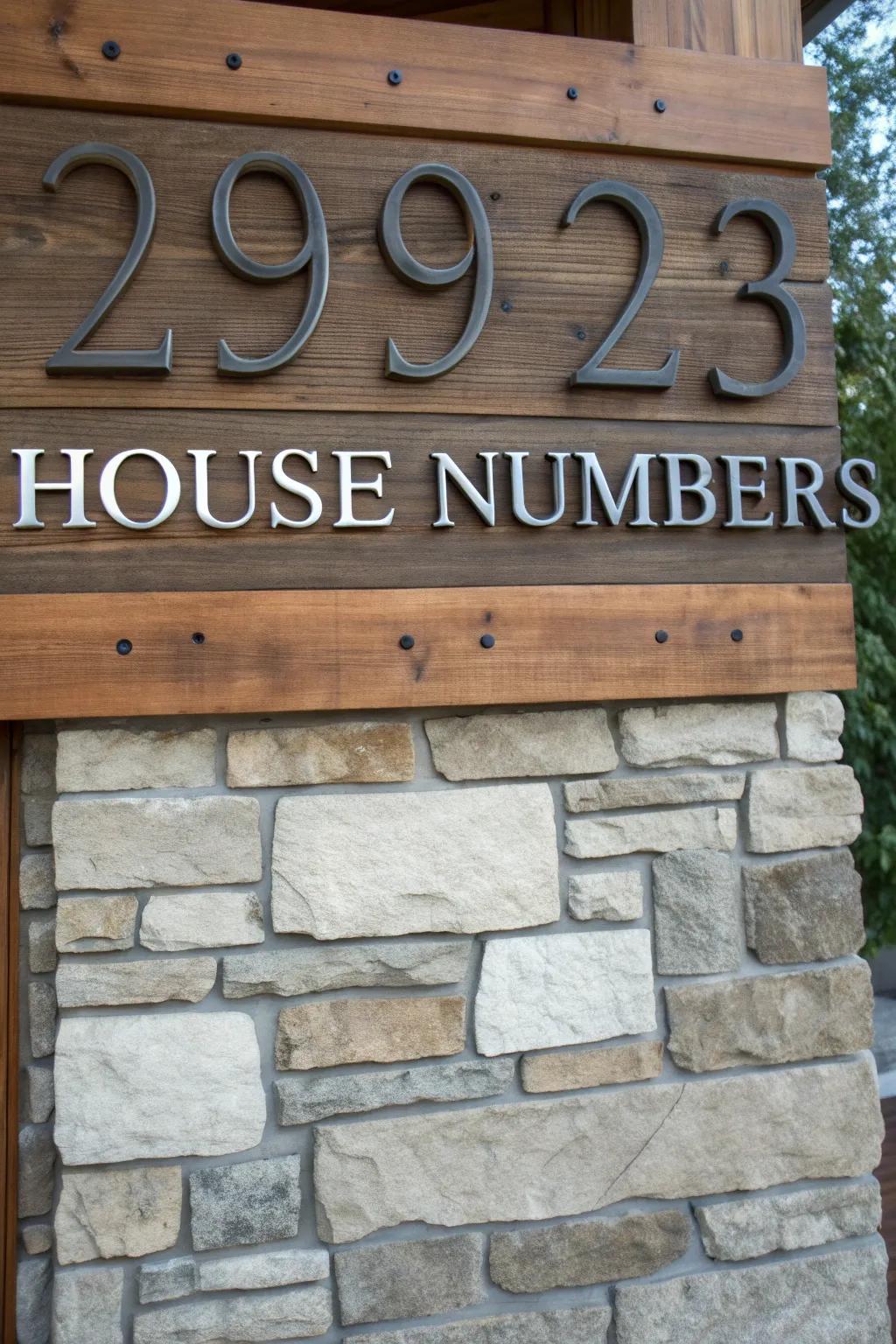 Vertical house numbers combining metal and wood.