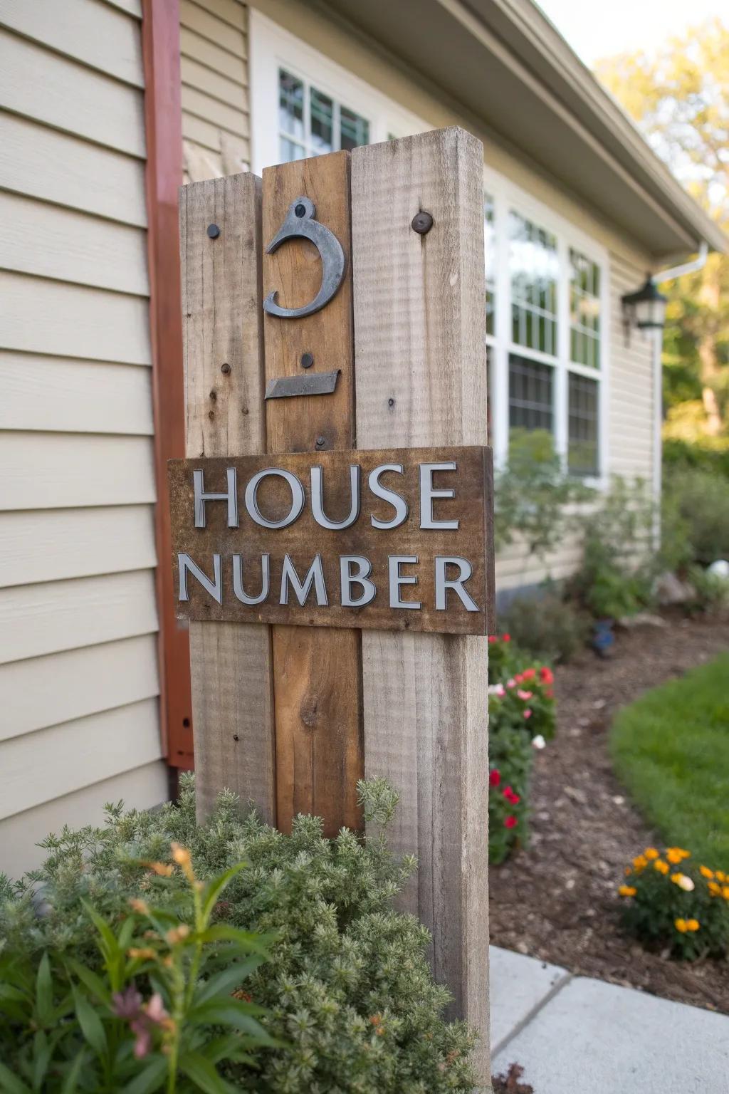 DIY vertical house numbers made from recycled materials.
