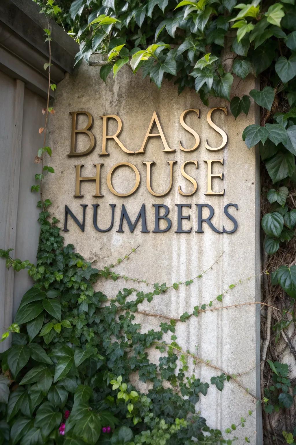 Vertical brass house numbers with lush greenery.
