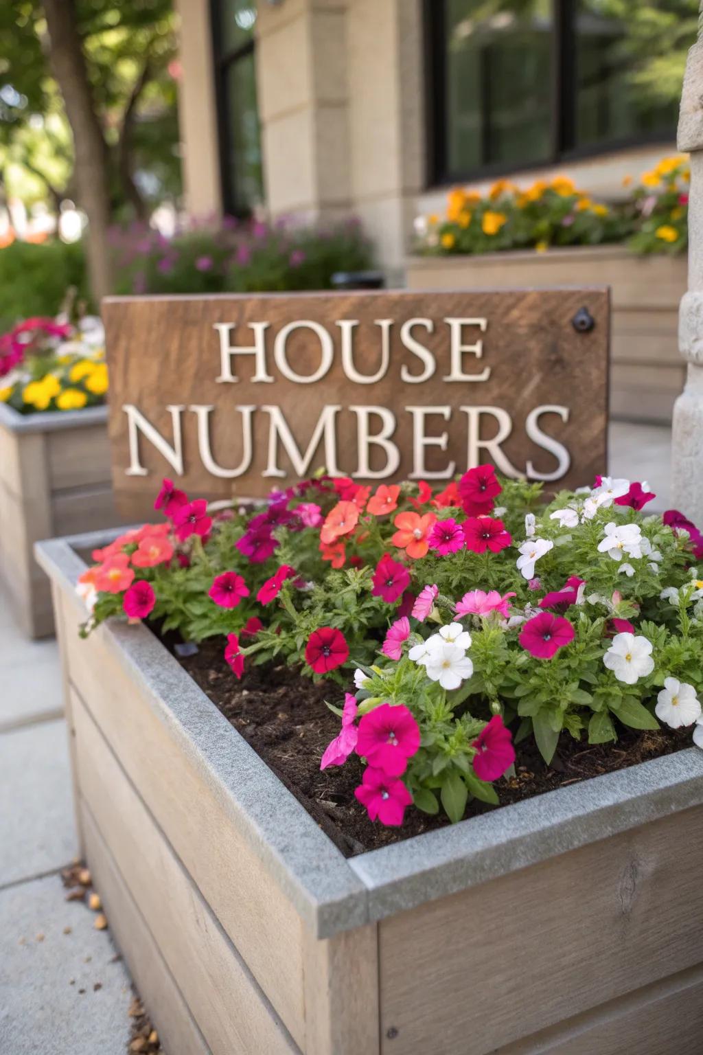 Vertical house numbers with a planter of flowers.