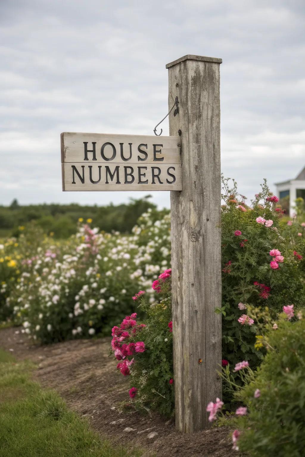 Vertical house numbers on a wooden post in a garden.