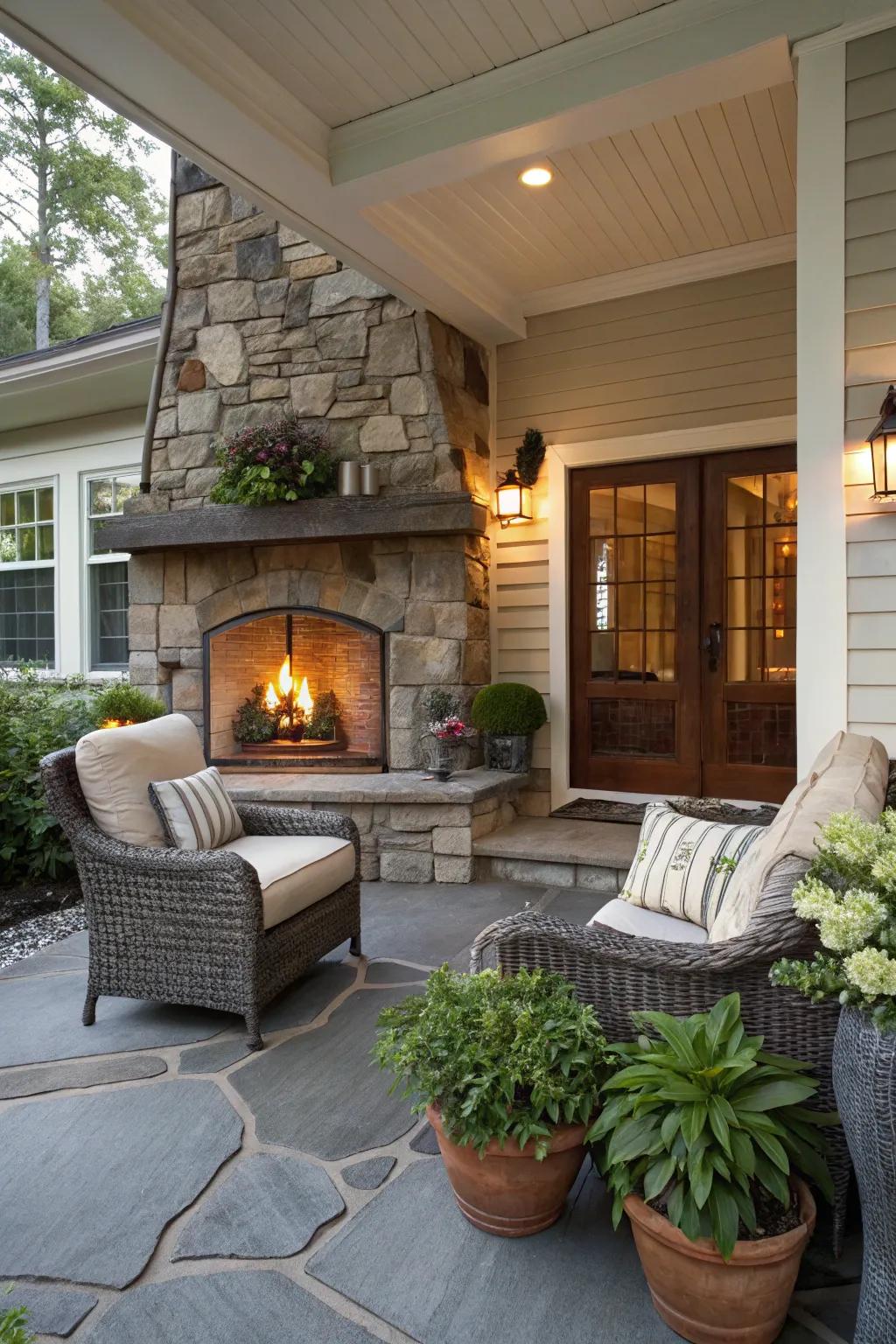 Fire elements add warmth and a gathering spot.