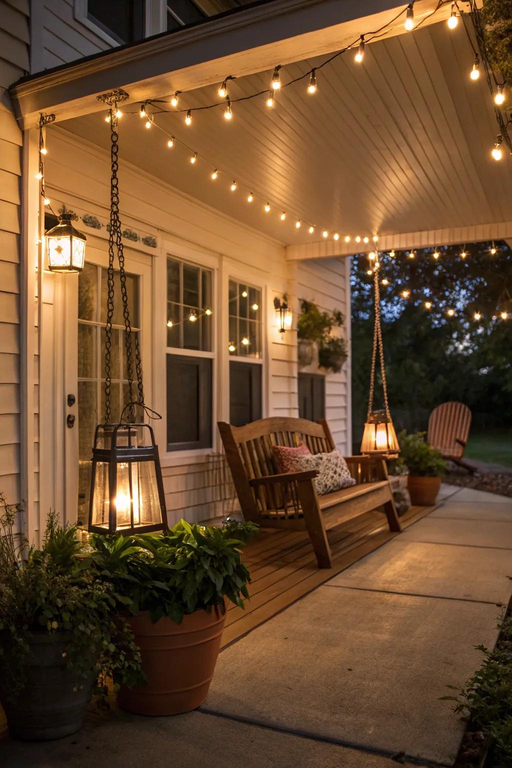 Warm lighting enhances the charm of your front porch.