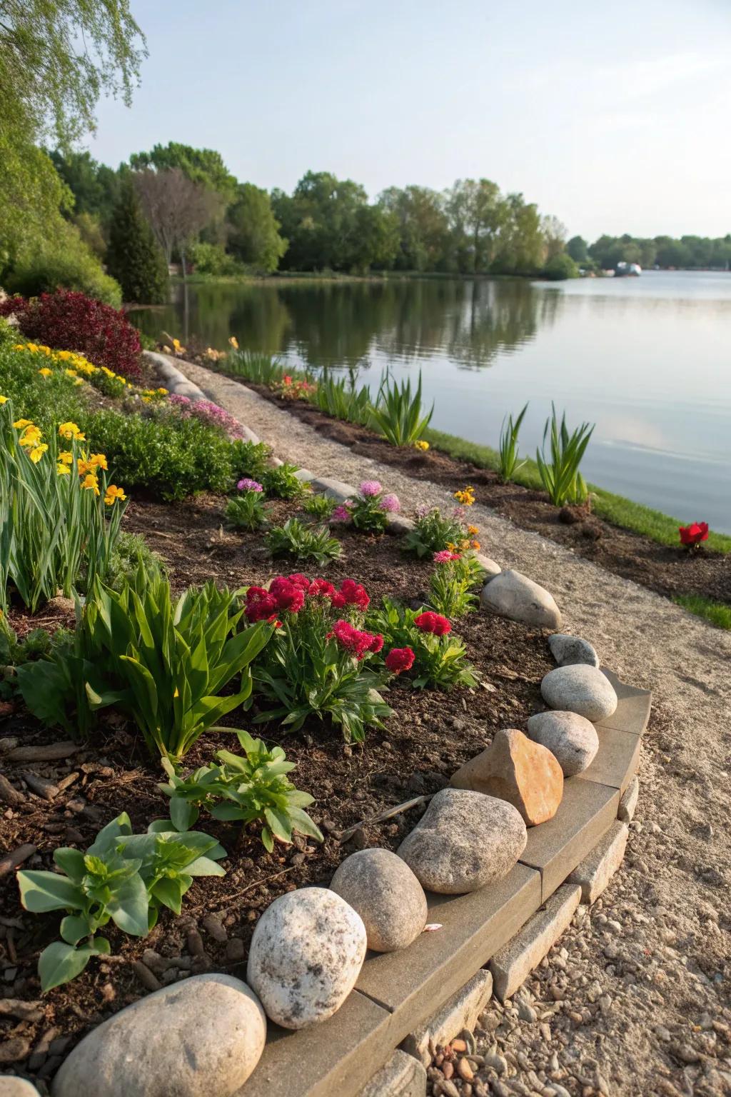 Mulching with stones creates a clean, cohesive shoreline.