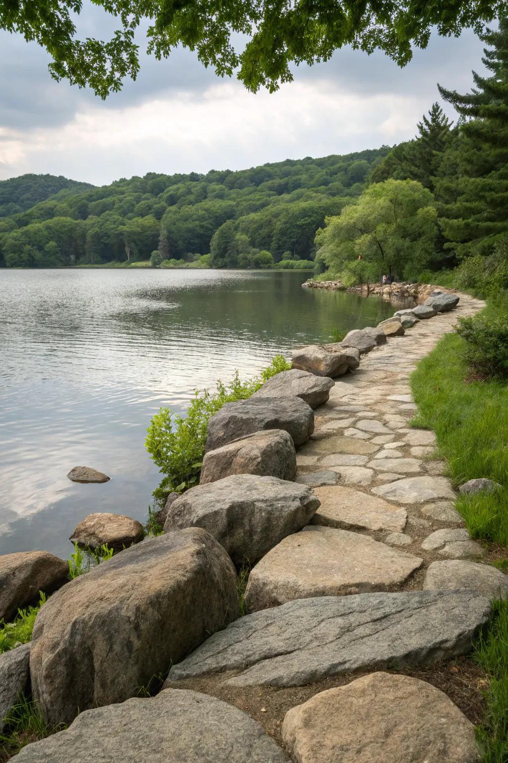 Natural stone features beautifully blend with the lakeside environment.