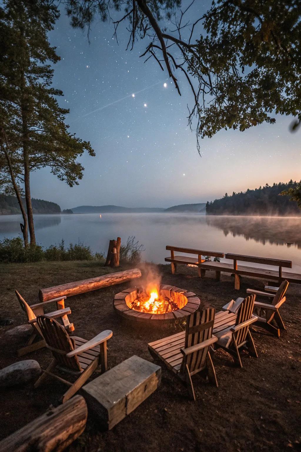 A fire pit creates a warm, inviting space for lakeside evenings.