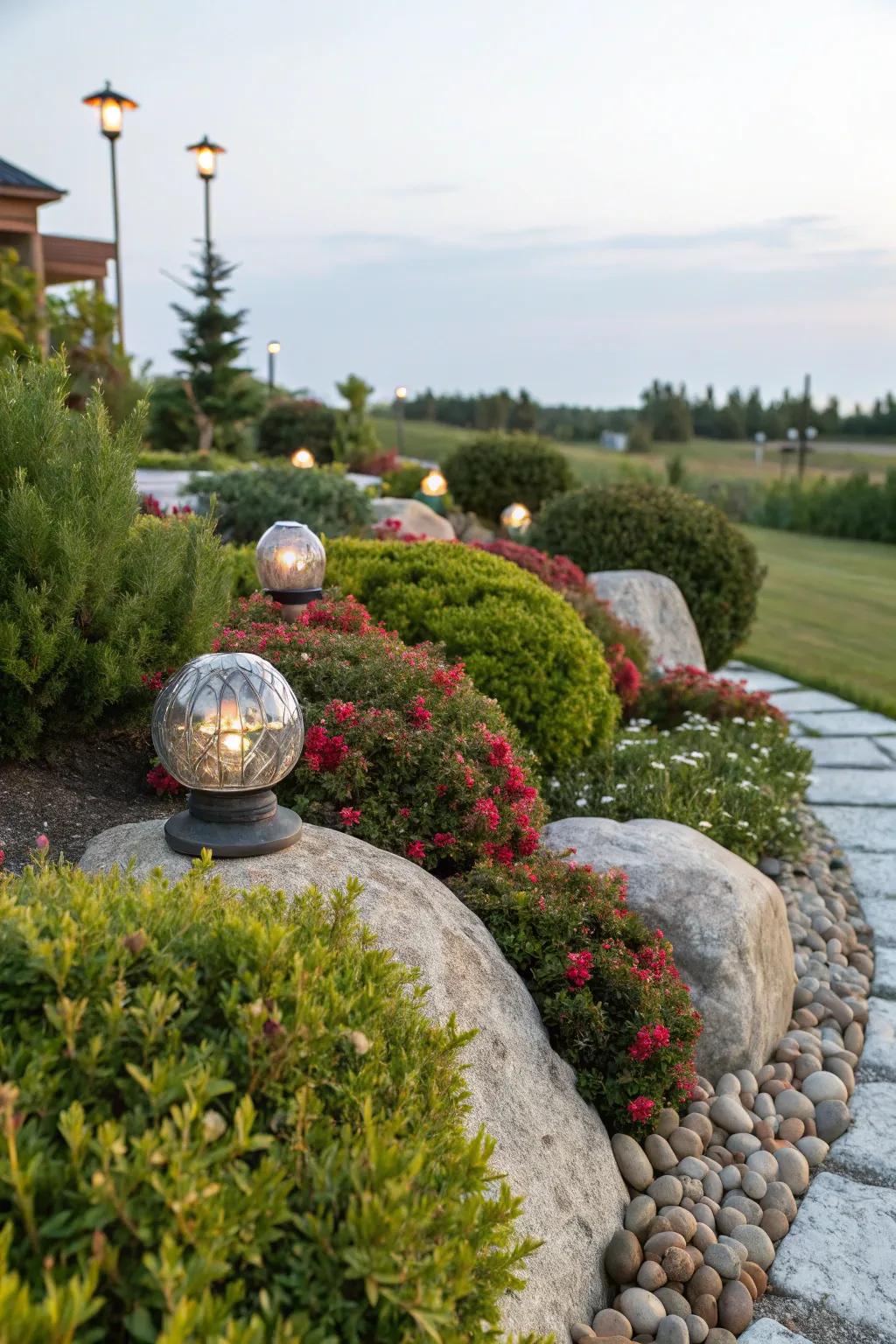 Accent features among shrubs create eye-catching focal points.