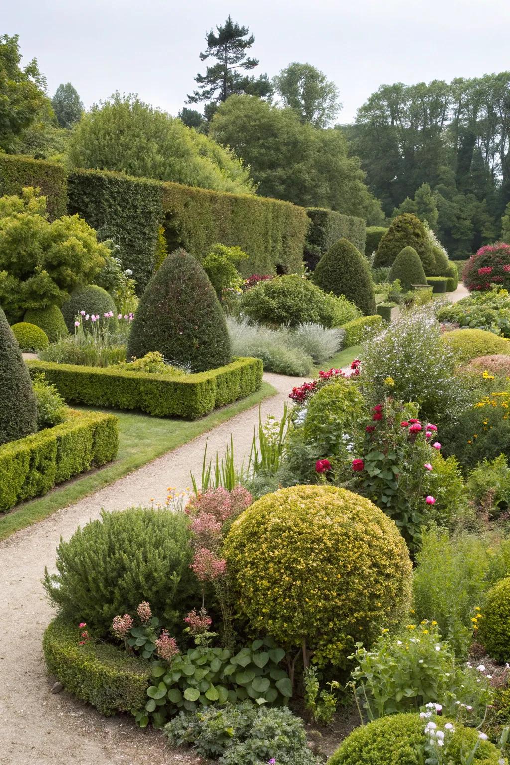 A mix of shrub shapes adds visual interest to your garden.