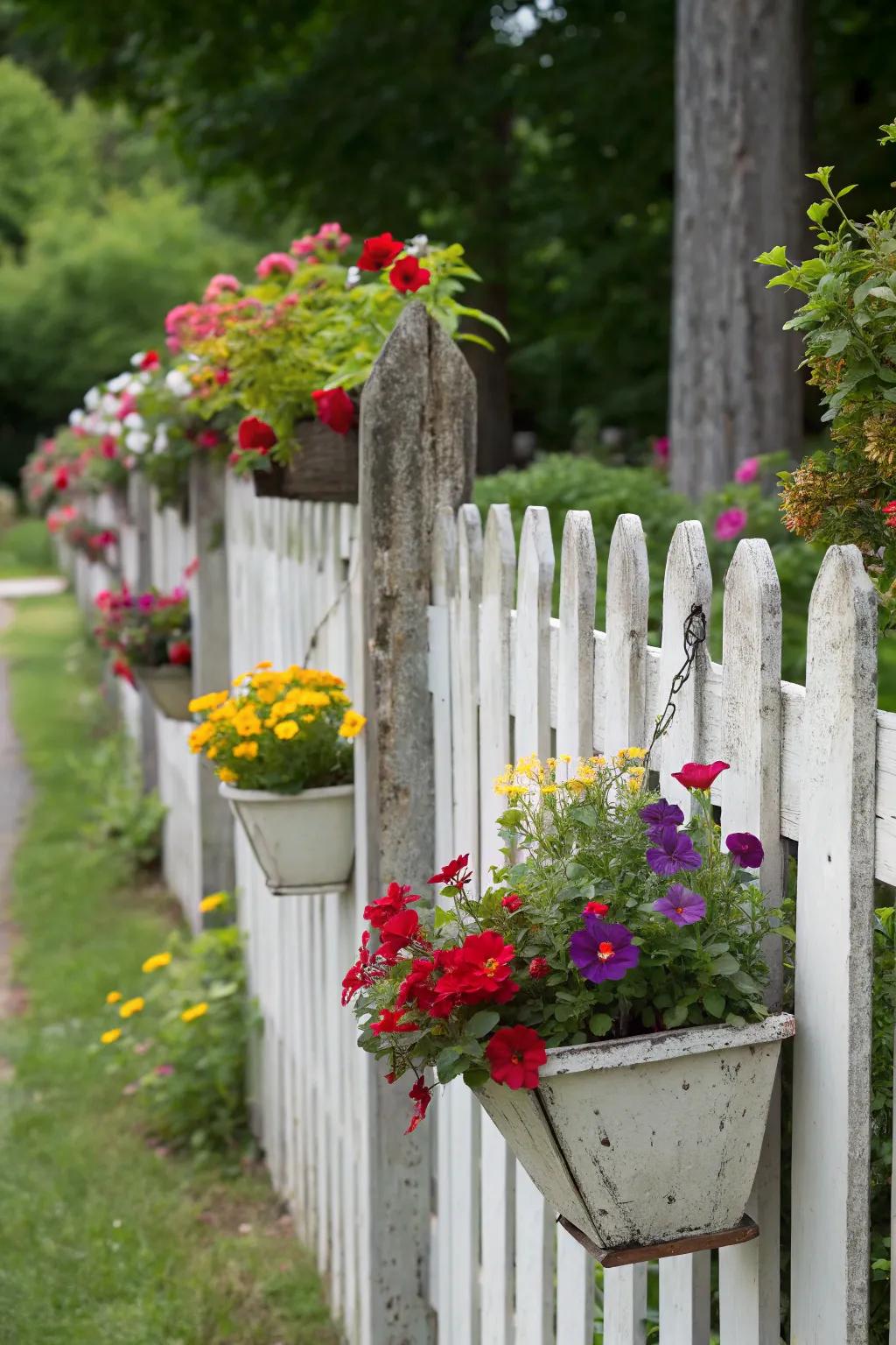 Planters integrated into a picket fence bring life to the structure.