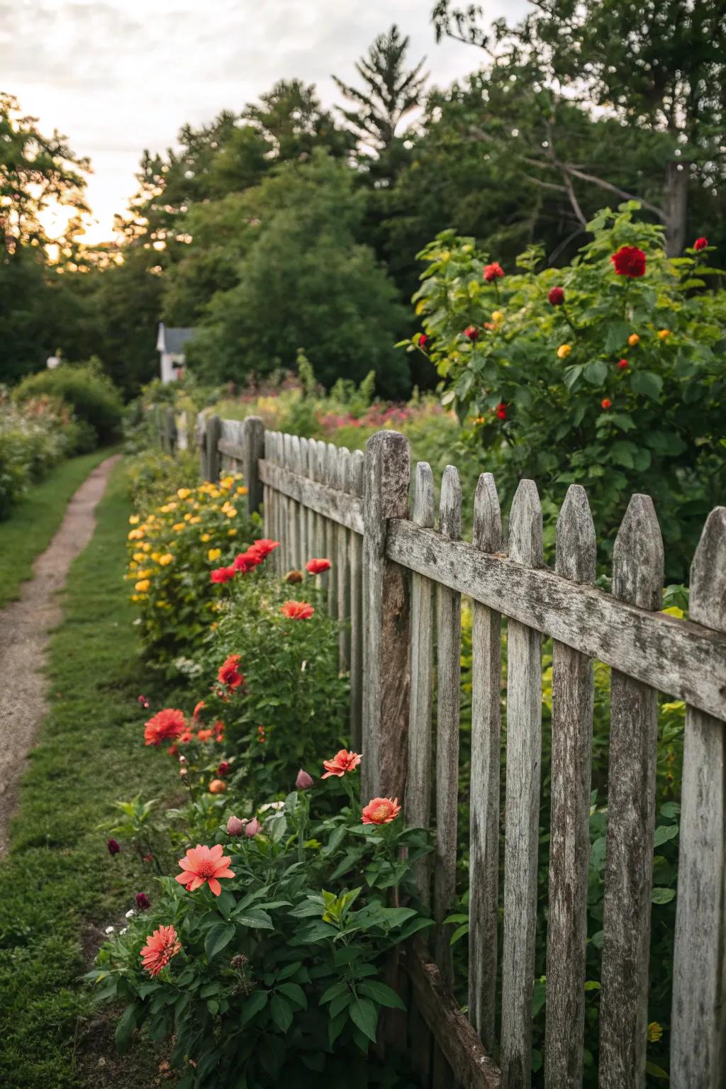 Rustic picket fences offer a relaxed and natural charm.