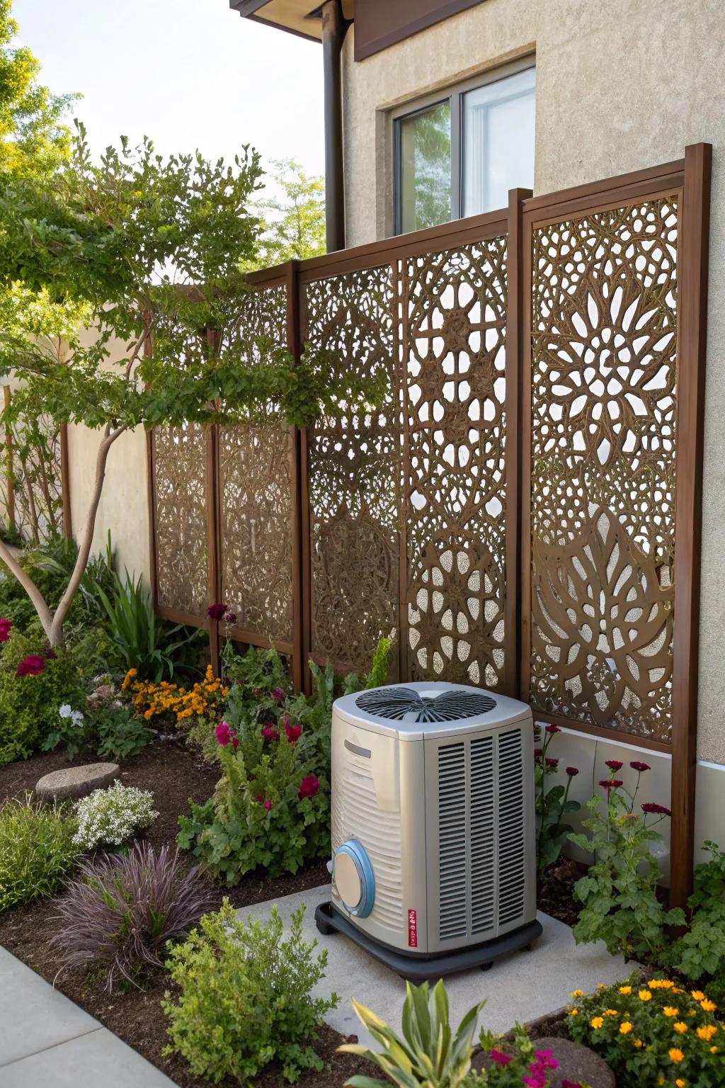 Artistic screens offer a stylish and functional solution for hiding AC units.