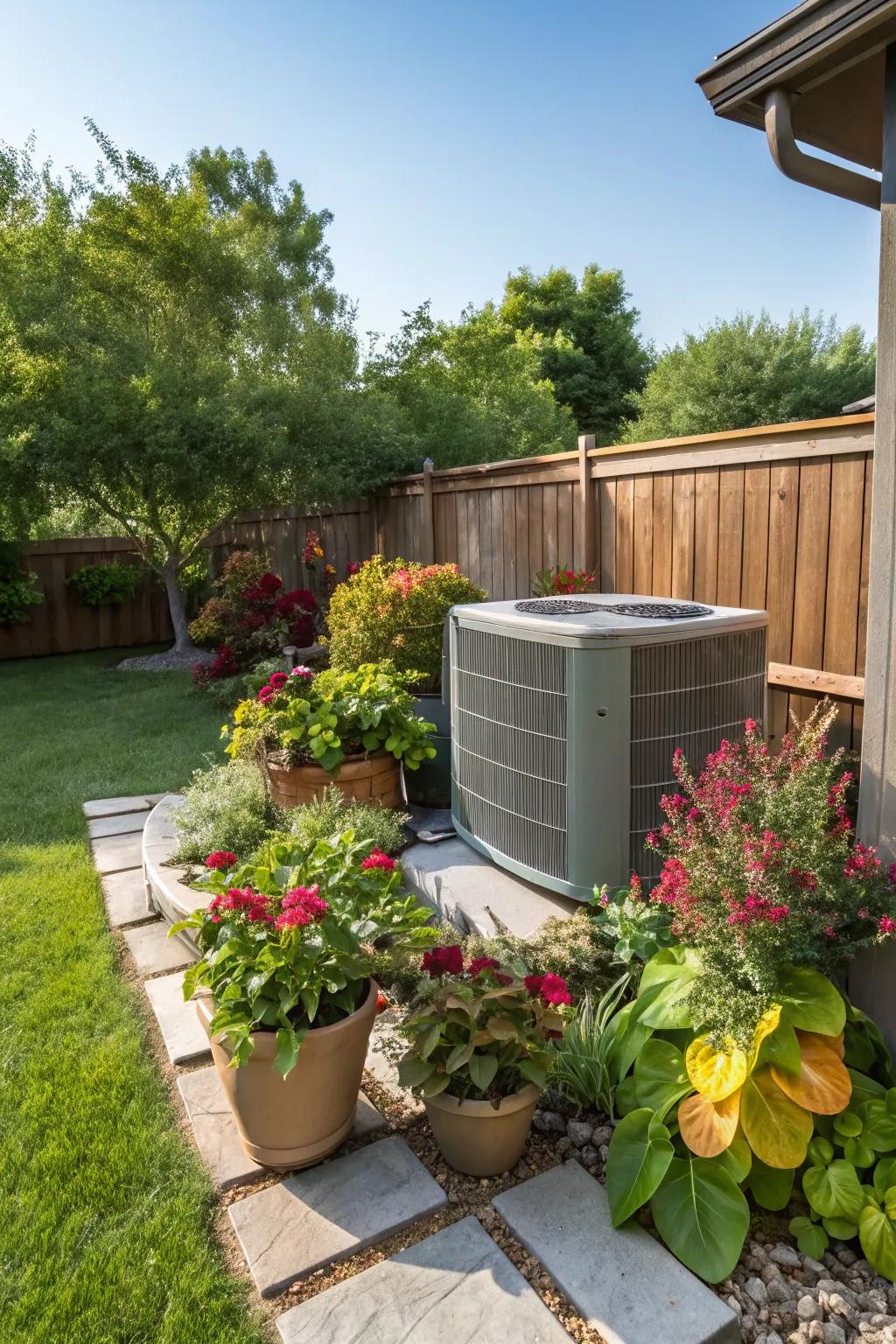 Potted plants provide versatile and movable covers for your AC unit.
