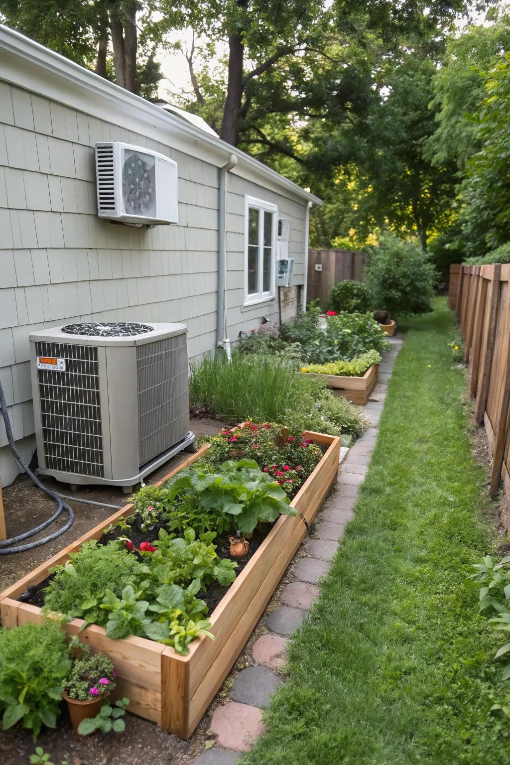 Raised gardens bring texture and life to your AC unit's surroundings.